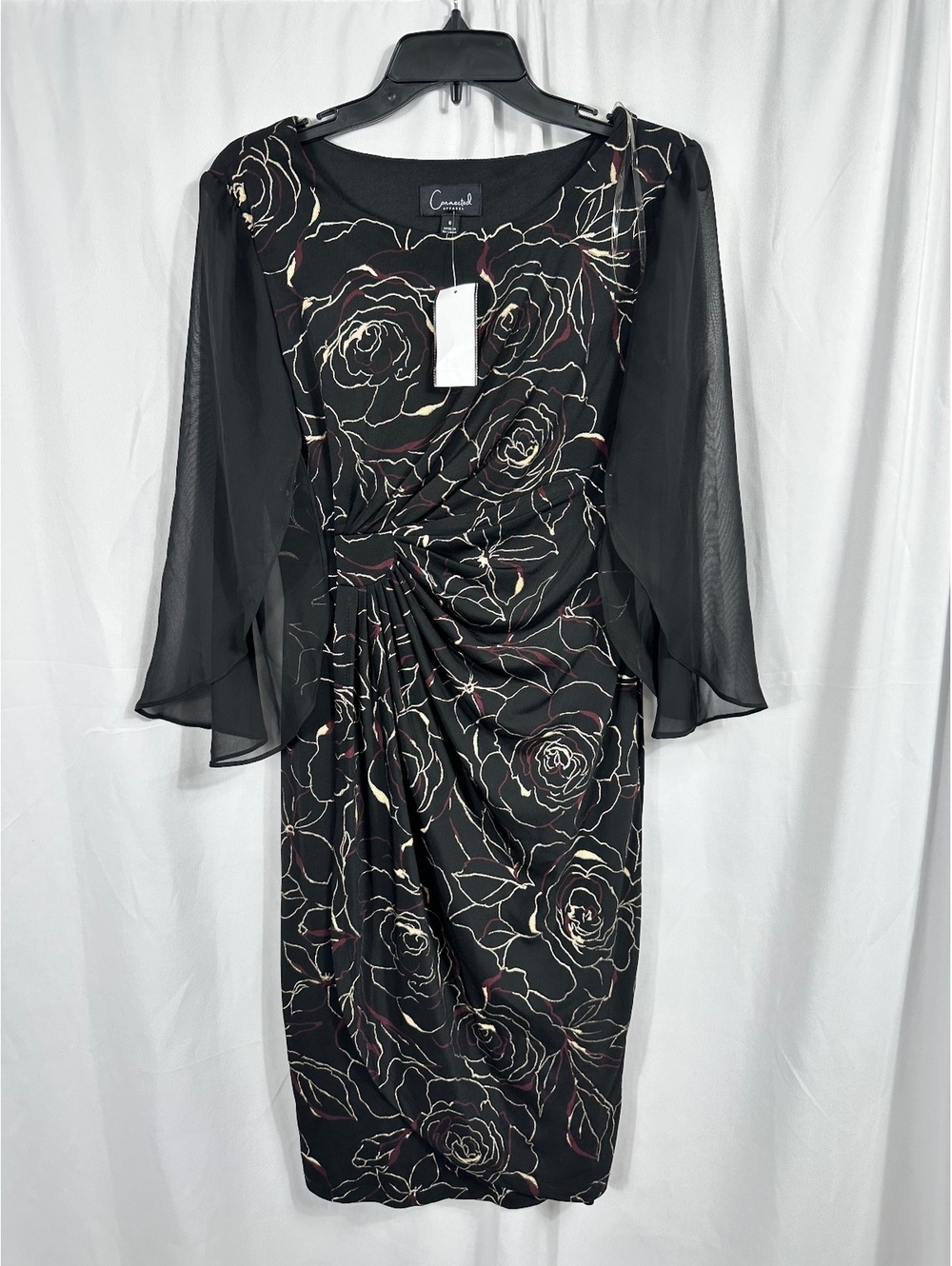 Connected Apparel Black and Gold Floral Jersey Dress with Sheer Sleeves Size 6